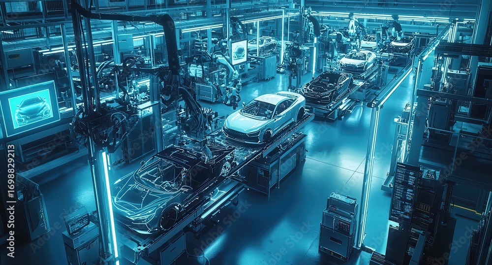 Poster high-tech automotive factory floor with robotic assembly lines