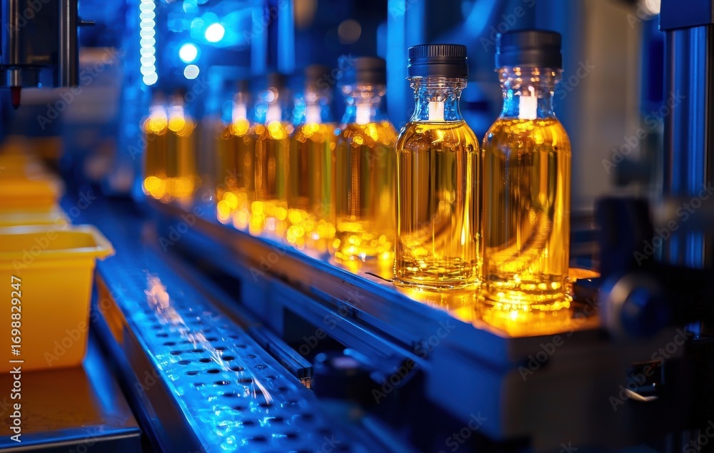 Poster High-tech automated machine filling bottles with liquid in factory