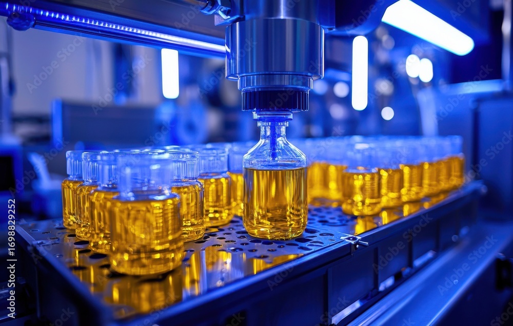 Poster Advanced filling and sealing machine in action with glass bottles