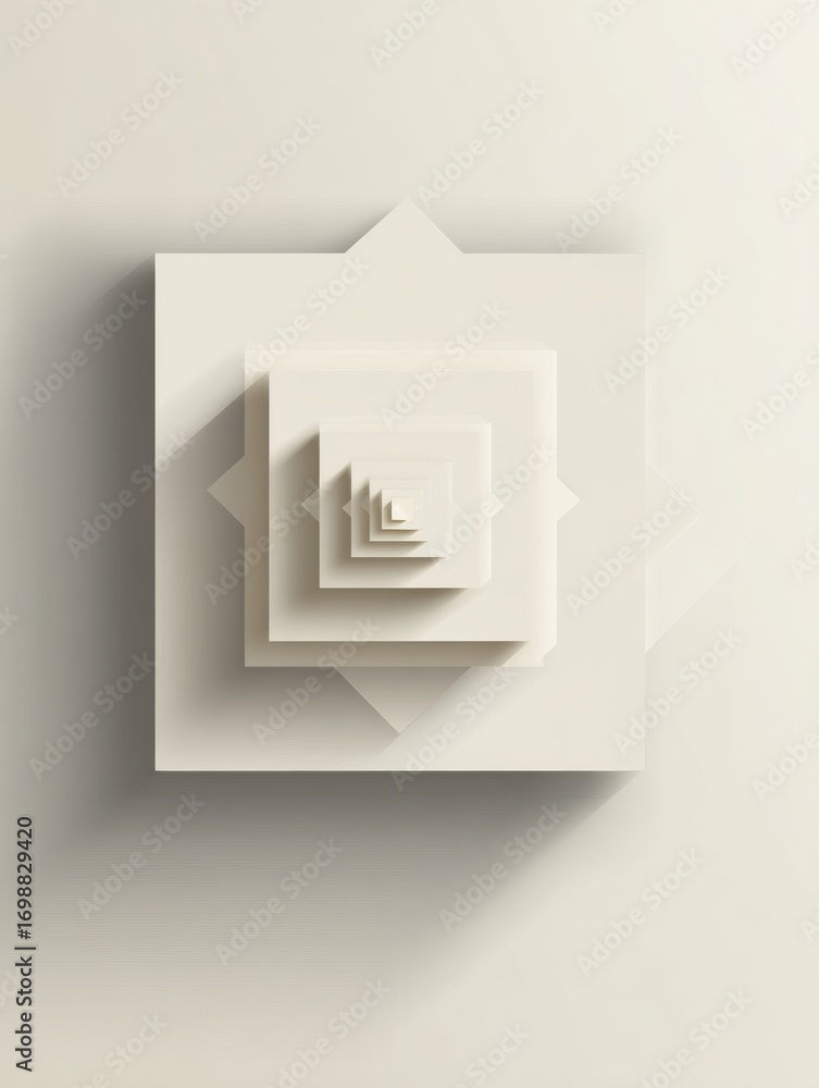 Poster layers of white geometric shapes cast soft shadows on a neutral background creating a modern and min