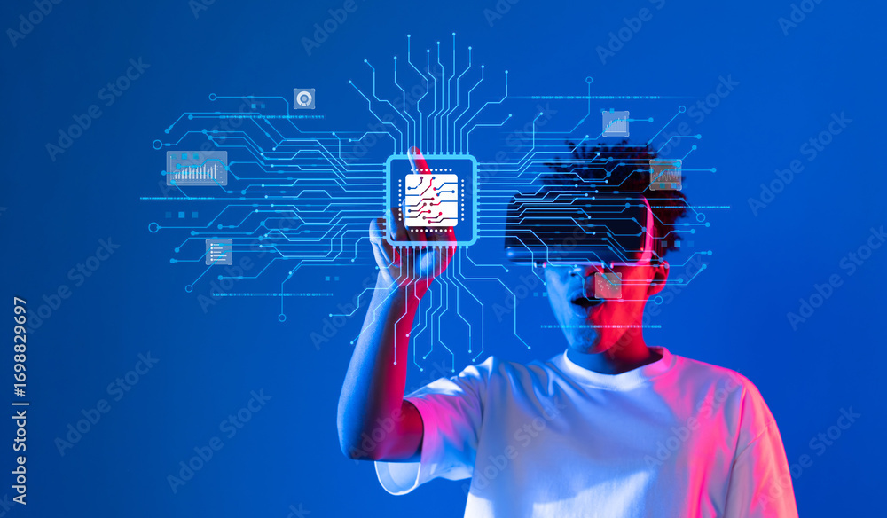 Poster a young person interacts with a virtual reality headset, exploring a circuit board and ai data, set 