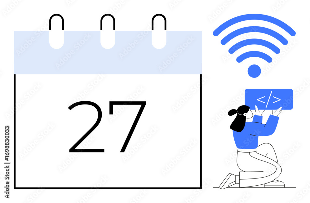 Poster calendar with date 27 alongside a wireless icon and a developer holding code. ideal for productivity