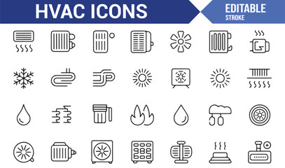 Vector icon collection of HVAC units, fans, temperature, water, and fire symbols