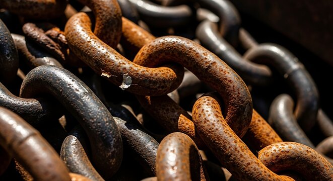 Rusty metal chains close up.