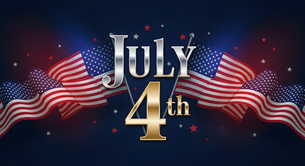 A vibrant illustration celebrating a United States national holiday with patriotic flags, stars, and elegant metallic typography on a blue background