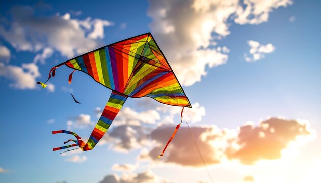 Colorful kite flying in sunset sky