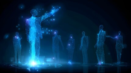 A digital representation of a speaker addressing an audience, with glowing geometric figures symbolizing connection and engagement