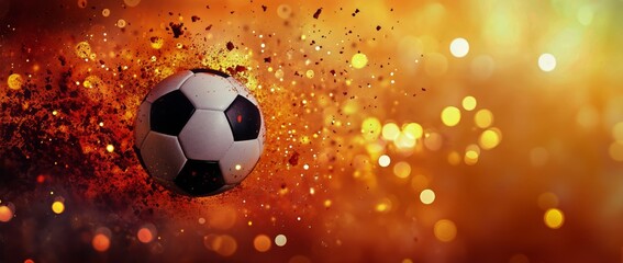 Fototapeta premium Soccer Ball Surrounded by Dust Against an Orange Background of Bokeh Lights