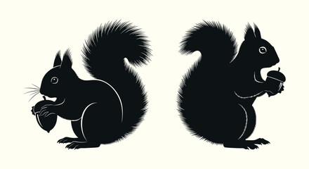 Obraz premium A charming set of two black squirrel silhouettes, one eating and one holding an acorn. A simple graphic vector illustration of wildlife isolated on a light background