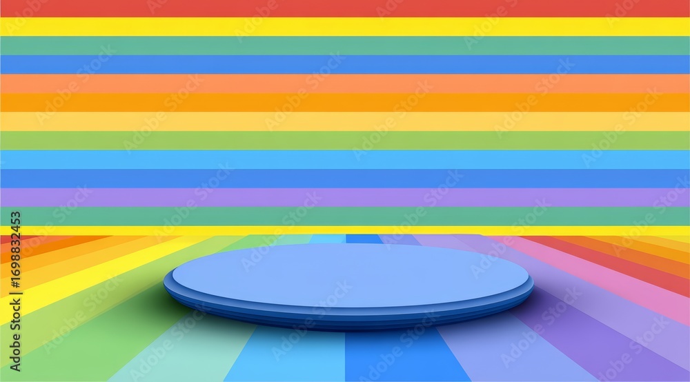 Poster colorful rainbow background with a blue round object in the middle. the blue object is a stage or pl