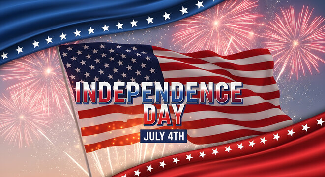 Patriotic United States national holiday celebration background featuring the American flag waving against a spectacular fireworks display - Powered by Adobe