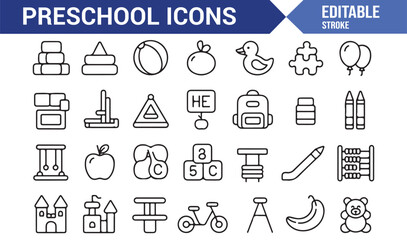Editable stroke preschool icons for children, kindergarten, and study design