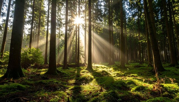Sunbeams pierce a misty forest - Powered by Adobe