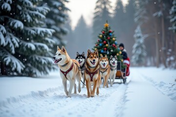 A team of dogs pulls a sleigh with a Christmas tree through a quiet snowy forest. The winter landscape is bright and full of fresh snow