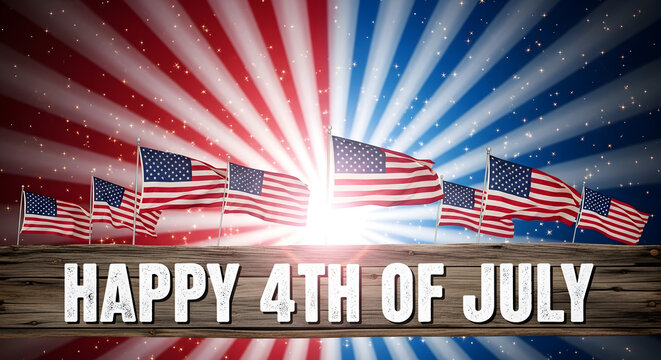 Patriotic celebration of American independence with national flags waving against a vibrant red, white, and blue starburst background with sparkles
