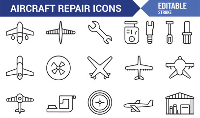 Industrial aircraft service icons with mechanics, inspection, and hangar design