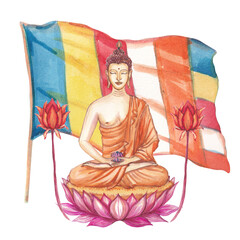 Hand-painted illustration of Buddha sitting on a lotus flower with Buddhists flag. Spiritual and meditative design inspired by Asian culture and traditions. © Nadya Severyanka
