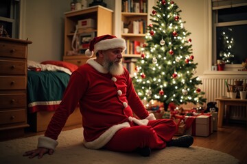 A white man in a red Santa hat and Christmas outfit sits on the floor around a decorated Christmas tree in a college dorm room. The room is cozy with holiday lights