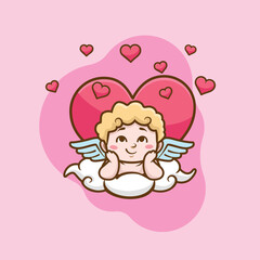 Vector set of cute colorful cupids stickers with hearts. Small angels with blue wings bow heart hunters fly in the sky. Sticker collection of various angels or cupids printable template 