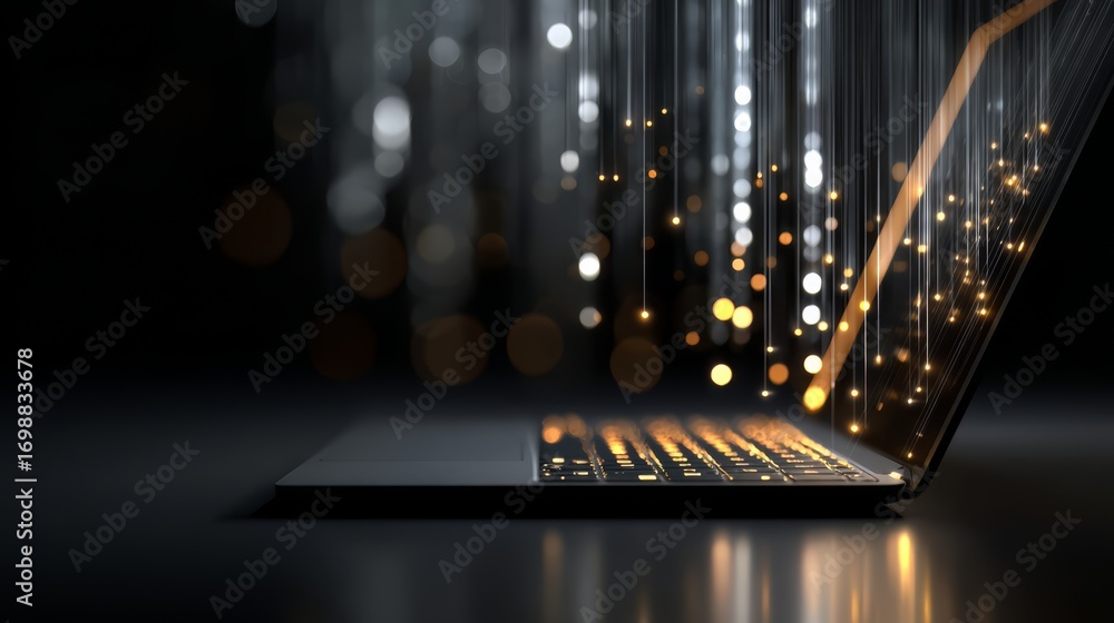 Poster laptop with a glowing keyboard is displayed on a dark background. concept of technology and innovati