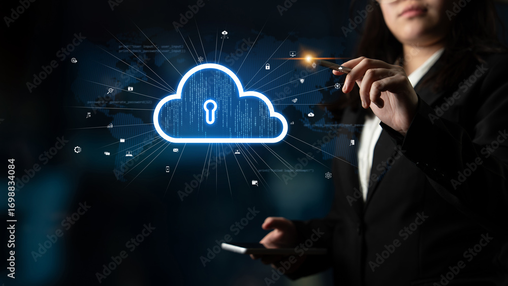 Poster cloud computing enables digital growth with secure data storage, scalable infrastructure, and strate