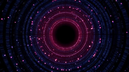 Large, dark blue circle with a red center. The circle is filled with many small, bright blue and red dots