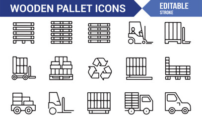 Forklift and pallet icon set for cargo transport, storage, and logistics