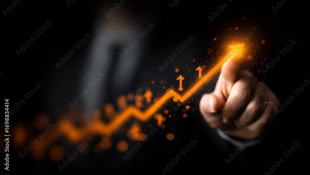Poster person is pointing at a graph with an upward arrow. the graph shows a positive trend. concept of pro