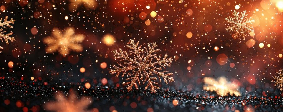 Gold and red snowflakes gently fall against a dark festive background