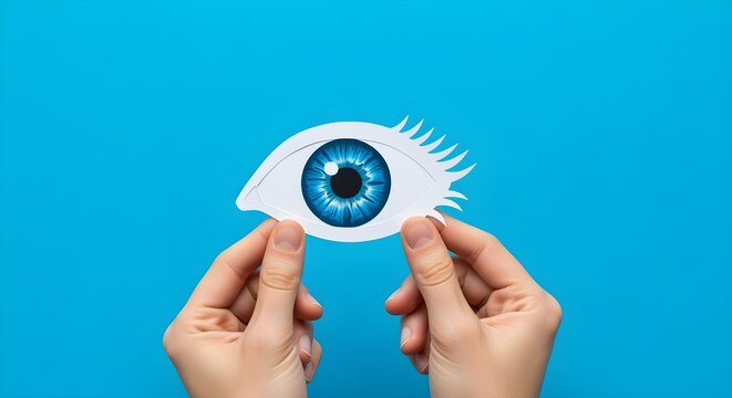 Hands holding a paper cut-out of an eye over blue background.