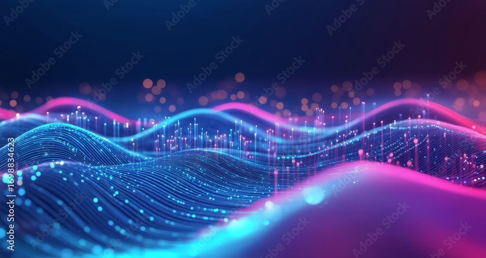 Poster abstract landscape with digital network connection and glowing light effects