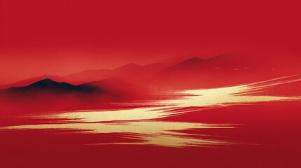 Red and gold landscape with mountains and a river. The mountains are in the background
