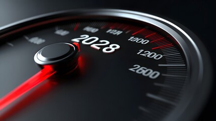 A close-up view of a speedometer displaying the number 2028 with a red needle