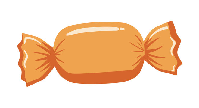 Sweet orange candy wrapped in glossy wrapper on white background