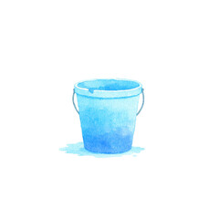 Watercolor blue bucket with handle and water spill