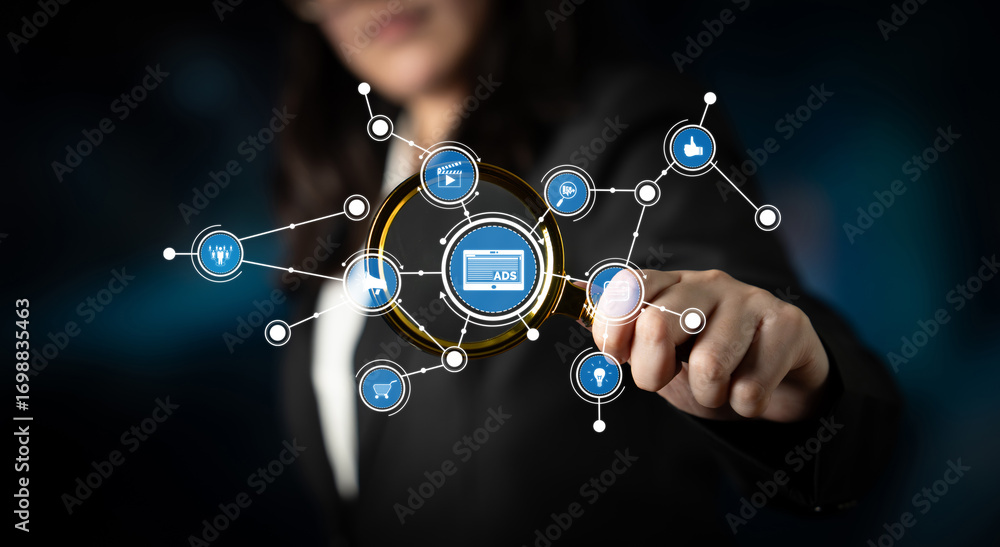 Poster a focused businesswoman interacts with a virtual digital interface, showcasing data visualization an