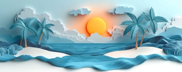 3D paper beach scene with palm trees and vibrant sunset
