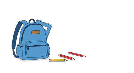 Fototapeta premium Backpack and colored pencils on white background in hand drawn style
