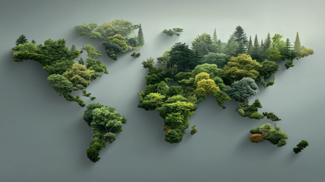 World made of trees and plants. The trees are spread out across the globe, with some in the middle of the map