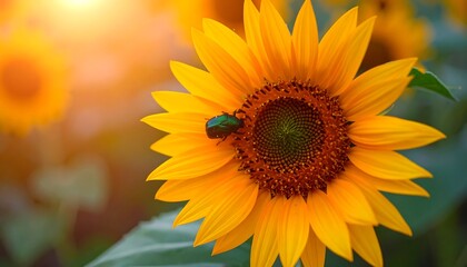 Obraz premium Sunflower and beetle at sunset
