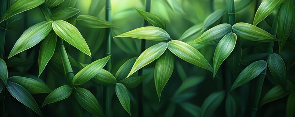 Obraz premium Close-up of lush green bamboo shoots with vibrant leaves in nature