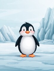 Cute Cartoon Penguin Standing on Icy Landscape With Mountains and Snow in the Background During a Cold Winter Day