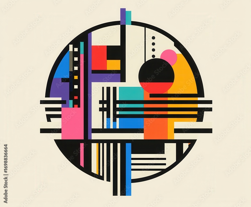 Poster Bright abstract geometric art with colorful lines and shapes in a circle