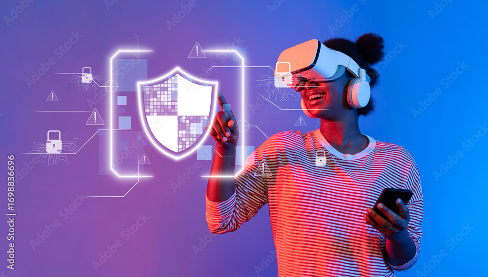 Poster a cheerful young woman engages with a virtual reality headset while exploring cyber security concept