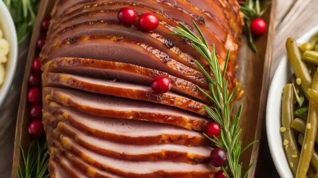 Close-up shot of a sliced glazed ham garnished with cranberries and rosemary on a wooden platter.