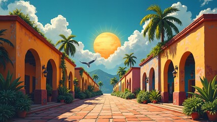 old church in the city . Constitution Day (Brazil, Argentina) sale banner design free space in the center. Mexican muralists style