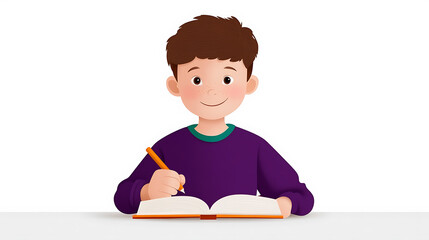 A young boy sitting at a table, engrossed in writing in a book with a pencil. Focused expression, bright colors, simple background.