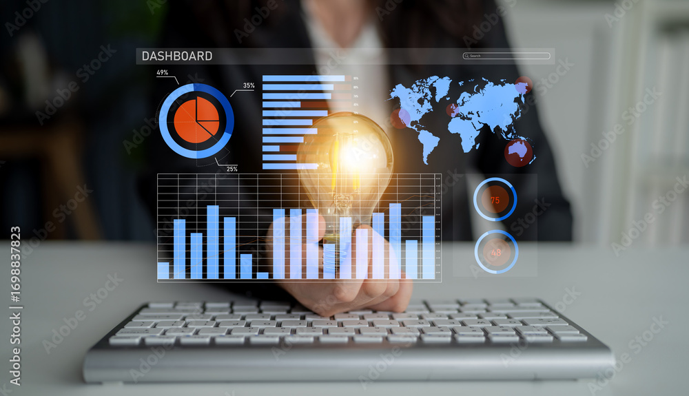 Poster a modern business dashboard displaying charts and graphs alongside a light bulb, representing innova