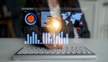 A modern business dashboard displaying charts and graphs alongside a light bulb, representing innovative ideas in data analysis for effective decision making. Impute