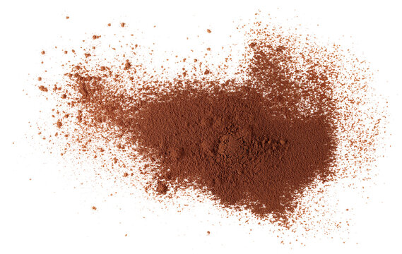  Pile ground cocoa, powder isolated on white background, top view, clipping path